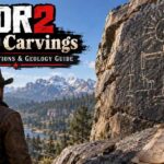RDR2 Rock Carvings: All 10 Locations & Geology Guide Arthur Morgan standing before a large rock face covered in ancient carvings depicting a sun symbol, human figures, and a deer, with a hand-drawn map and compass in the foreground