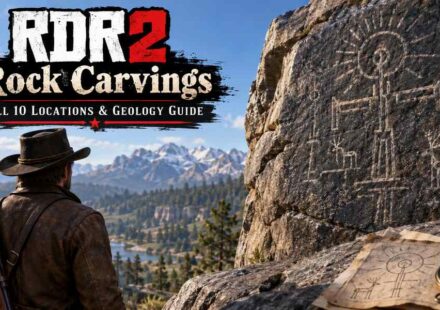 Arthur Morgan standing before a large rock face covered in ancient carvings depicting a sun symbol, human figures, and a deer, with a hand-drawn map and compass in the foreground