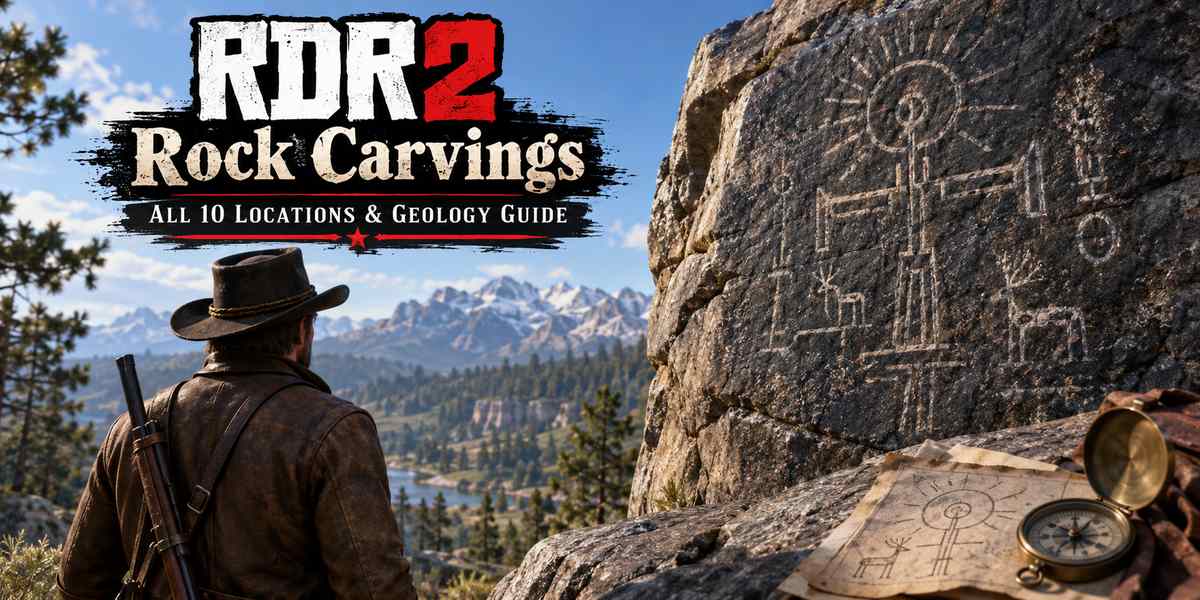 Arthur Morgan standing before a large rock face covered in ancient carvings depicting a sun symbol, human figures, and a deer, with a hand-drawn map and compass in the foreground