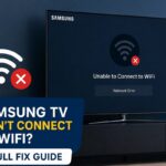 Samsung TV displaying a WiFi network error with an unable-to-connect message, next to a WiFi icon marked with a red X, illustrating a Samsung TV not connecting to WiFi