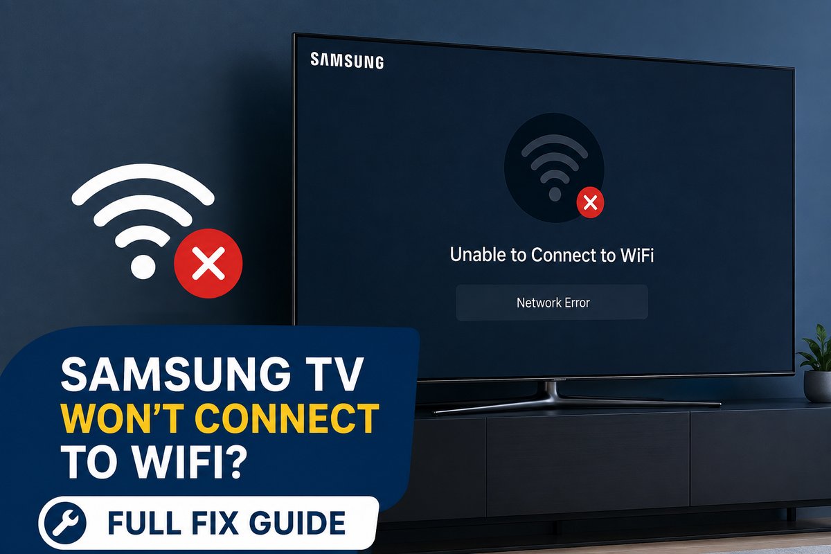 Samsung TV displaying a WiFi network error with an unable-to-connect message, next to a WiFi icon marked with a red X, illustrating a Samsung TV not connecting to WiFi
