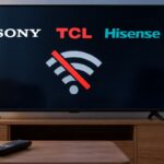 Television displaying Sony, TCL, and Hisense logos with a crossed-out WiFi icon, next to a wireless router on a media console, illustrating WiFi connection problems across Sony, TCL, and Hisense smart TVs