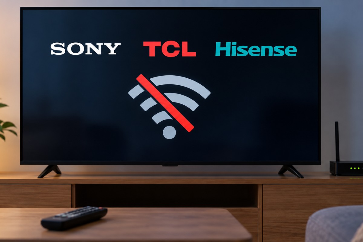 Television displaying Sony, TCL, and Hisense logos with a crossed-out WiFi icon, next to a wireless router on a media console, illustrating WiFi connection problems across Sony, TCL, and Hisense smart TVs
