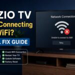 Vizio TV displaying a network connection error with an unable-to-connect-to-WiFi message and retry button, next to a wrench icon checklist covering WiFi check, restart, software update, and factory reset, illustrating a Vizio TV not connecting to WiFi