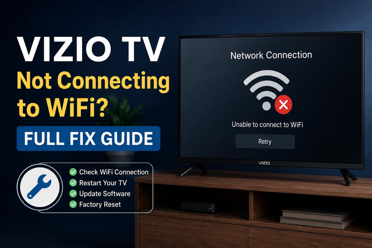 Vizio TV displaying a network connection error with an unable-to-connect-to-WiFi message and retry button, next to a wrench icon checklist covering WiFi check, restart, software update, and factory reset, illustrating a Vizio TV not connecting to WiFi