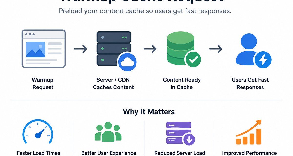 Diagram showing the warmup cache request process from browser request to server/CDN caching to content ready to fast user response, with icons highlighting faster load times, better user experience, reduced server load, and improved performance