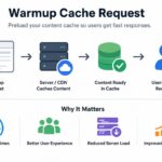 Warmup Cache Request: What It Is and Why It Matters Diagram showing the warmup cache request process from browser request to server/CDN caching to content ready to fast user response, with icons highlighting faster load times, better user experience, reduced server load, and improved performance