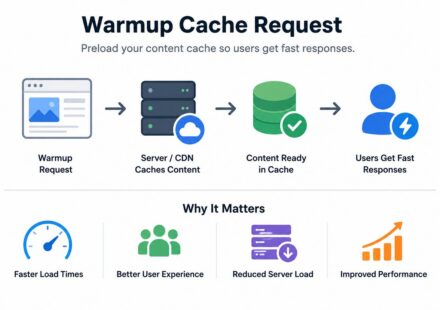 Diagram showing the warmup cache request process from browser request to server/CDN caching to content ready to fast user response, with icons highlighting faster load times, better user experience, reduced server load, and improved performance