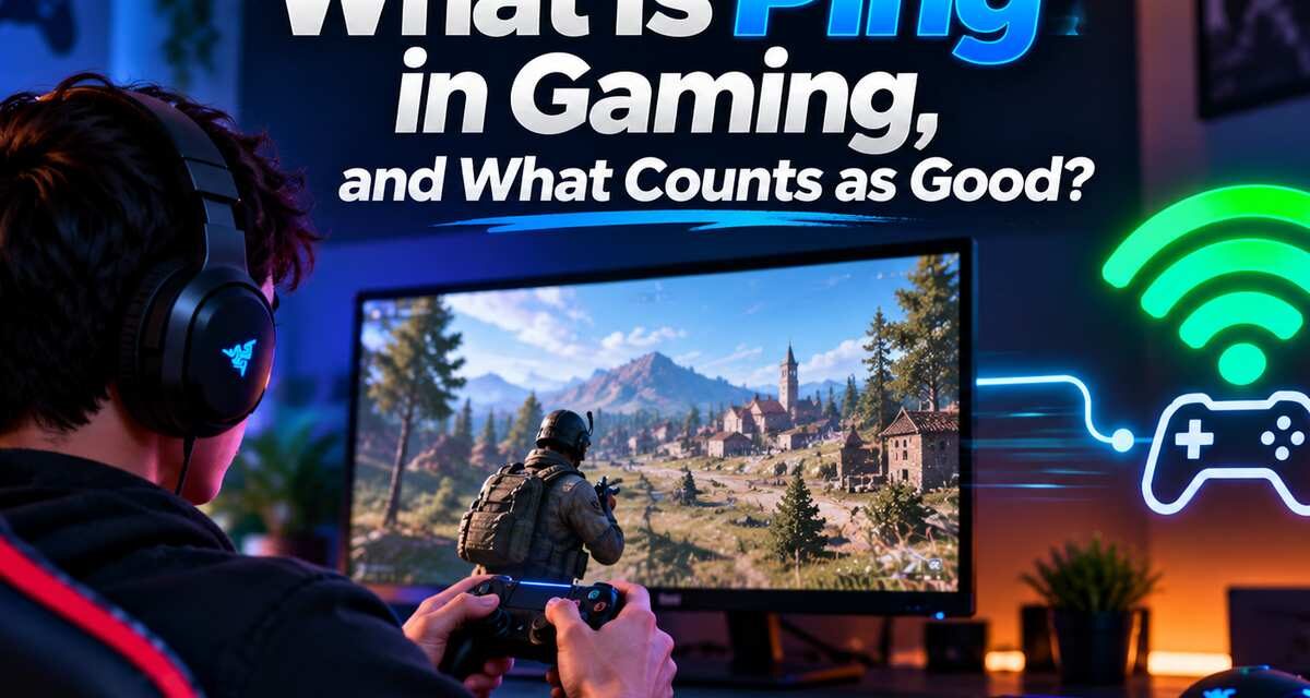Gamer wearing a headset holding a controller while playing on a monitor, with a Wi-Fi and controller icon illustrating gaming ping