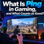 Gamer wearing a headset holding a controller while playing on a monitor, with a Wi-Fi and controller icon illustrating gaming ping