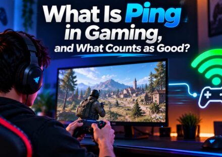 Gamer wearing a headset holding a controller while playing on a monitor, with a Wi-Fi and controller icon illustrating gaming ping