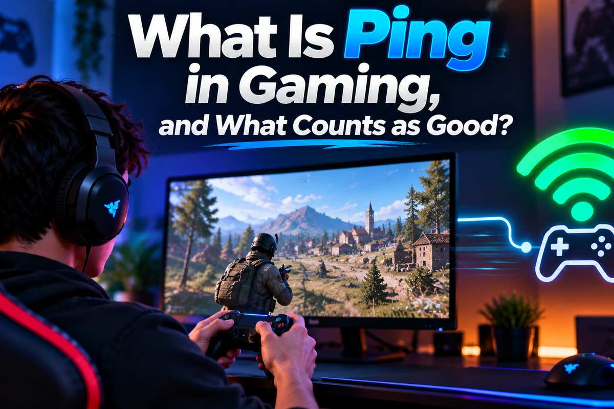 Gamer wearing a headset holding a controller while playing on a monitor, with a Wi-Fi and controller icon illustrating gaming ping