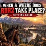 Arthur Morgan on horseback overlooking a river valley with a steam train crossing a bridge and a small frontier town below, with an inset map showing the Ambarino, West Elizabeth, New Hanover, and Lemoyne regions