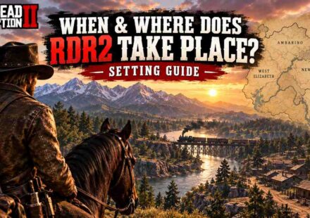 Arthur Morgan on horseback overlooking a river valley with a steam train crossing a bridge and a small frontier town below, with an inset map showing the Ambarino, West Elizabeth, New Hanover, and Lemoyne regions