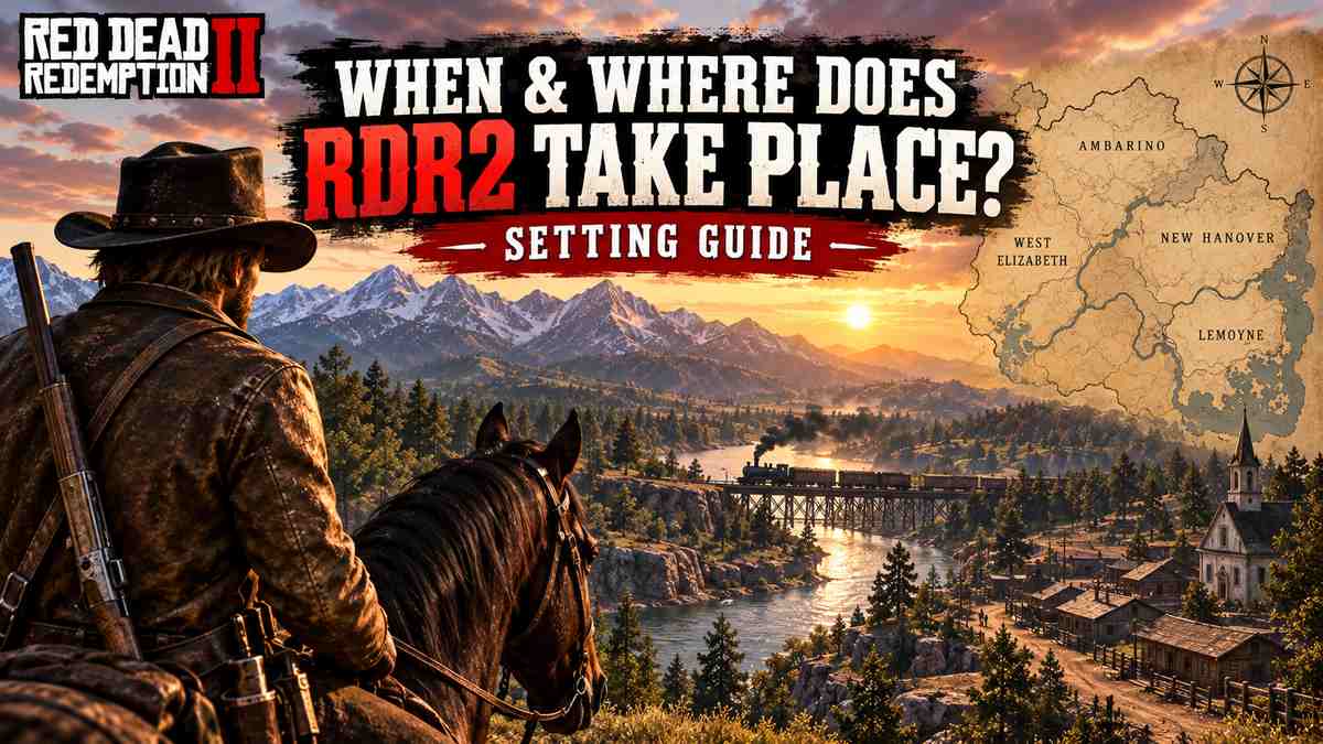 Arthur Morgan on horseback overlooking a river valley with a steam train crossing a bridge and a small frontier town below, with an inset map showing the Ambarino, West Elizabeth, New Hanover, and Lemoyne regions