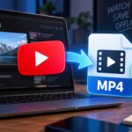 Laptop showing a YouTube video converting into an MP4 file icon with a green checkmark shield, illustrating safe YouTube to MP4 conversion