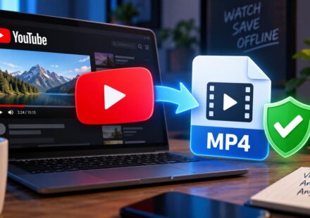 Laptop showing a YouTube video converting into an MP4 file icon with a green checkmark shield, illustrating safe YouTube to MP4 conversion