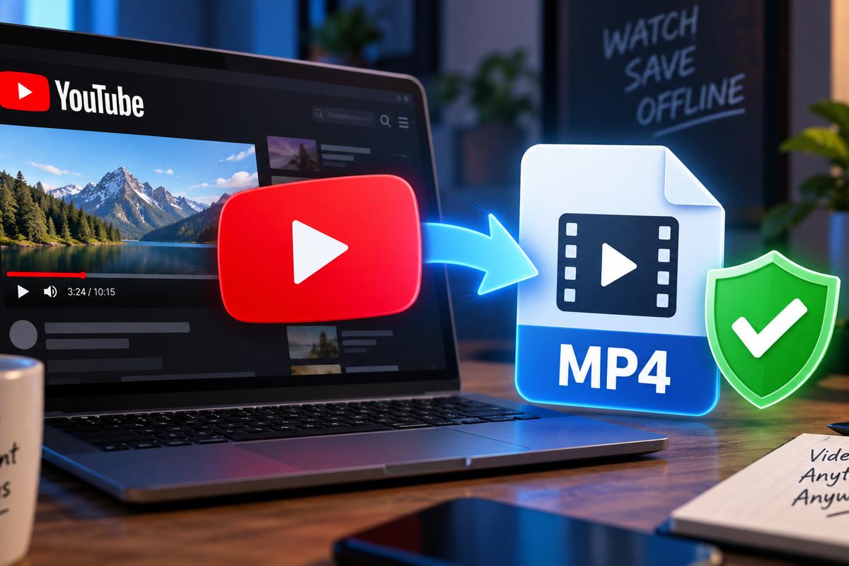 Laptop showing a YouTube video converting into an MP4 file icon with a green checkmark shield, illustrating safe YouTube to MP4 conversion