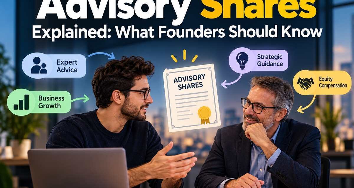 Founder talking with an experienced advisor at a desk, with an advisory shares certificate between them, for a guide on advisory shares explained