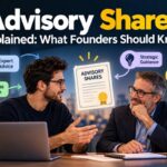 Advisory Shares Explained: What Founders Should Know Founder talking with an experienced advisor at a desk, with an advisory shares certificate between them, for a guide on advisory shares explained