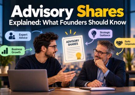 Founder talking with an experienced advisor at a desk, with an advisory shares certificate between them, for a guide on advisory shares explained