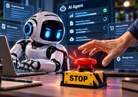 A human hand reaches for a red emergency stop button while an AI agent robot works at a laptop, with screens showing tasks like sending emails and making purchases