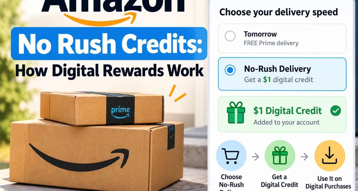 Amazon checkout screen with No-Rush Delivery selected and a $1 digital credit added, next to Prime boxes on a doorstep
