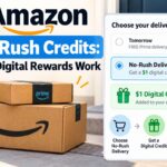 Amazon checkout screen with No-Rush Delivery selected and a $1 digital credit added, next to Prime boxes on a doorstep