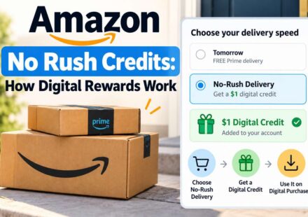Amazon checkout screen with No-Rush Delivery selected and a $1 digital credit added, next to Prime boxes on a doorstep