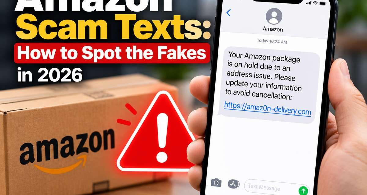 Phone showing a fake Amazon text about a package on hold with a lookalike amaz0n-delivery.com link, next to an Amazon box and a red warning sign