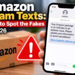 Amazon Scam Texts: How to Spot the Fakes in 2026 Phone showing a fake Amazon text about a package on hold with a lookalike amaz0n-delivery.com link, next to an Amazon box and a red warning sign
