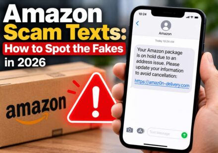 Phone showing a fake Amazon text about a package on hold with a lookalike amaz0n-delivery.com link, next to an Amazon box and a red warning sign