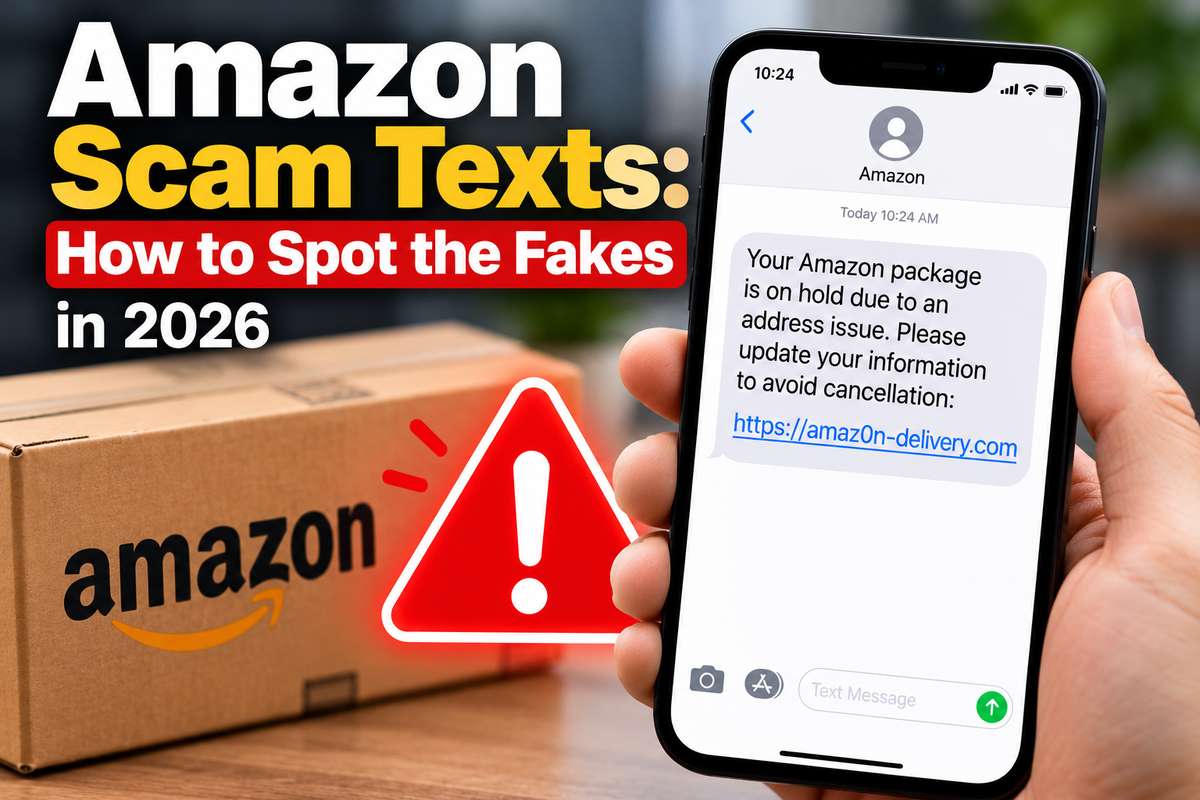 Phone showing a fake Amazon text about a package on hold with a lookalike amaz0n-delivery.com link, next to an Amazon box and a red warning sign