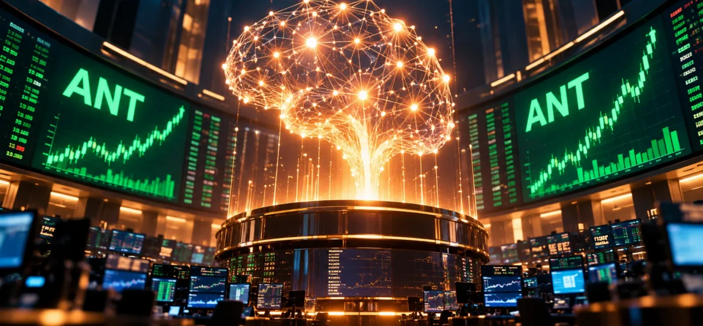 AI-generated illustration of a glowing neural network brain above a stock exchange floor with ANT ticker boards showing rising charts