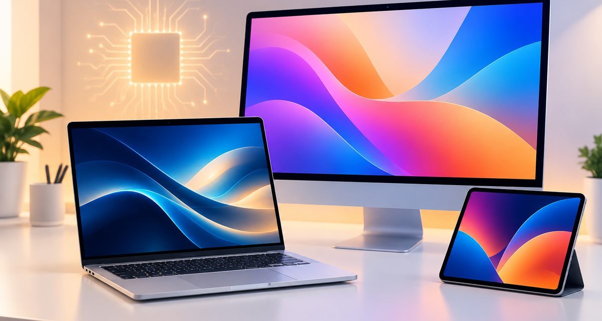 Illustration of a laptop, an all-in-one desktop and a small tablet on a desk, representing Apple’s new M6 MacBook Pro, iMac and iPad mini