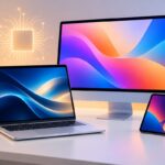 Apple M6 MacBook Pro and iMac: Prices, Dates, and Specs Illustration of a laptop, an all-in-one desktop and a small tablet on a desk, representing Apple’s new M6 MacBook Pro, iMac and iPad mini