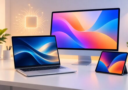 Illustration of a laptop, an all-in-one desktop and a small tablet on a desk, representing Apple’s new M6 MacBook Pro, iMac and iPad mini