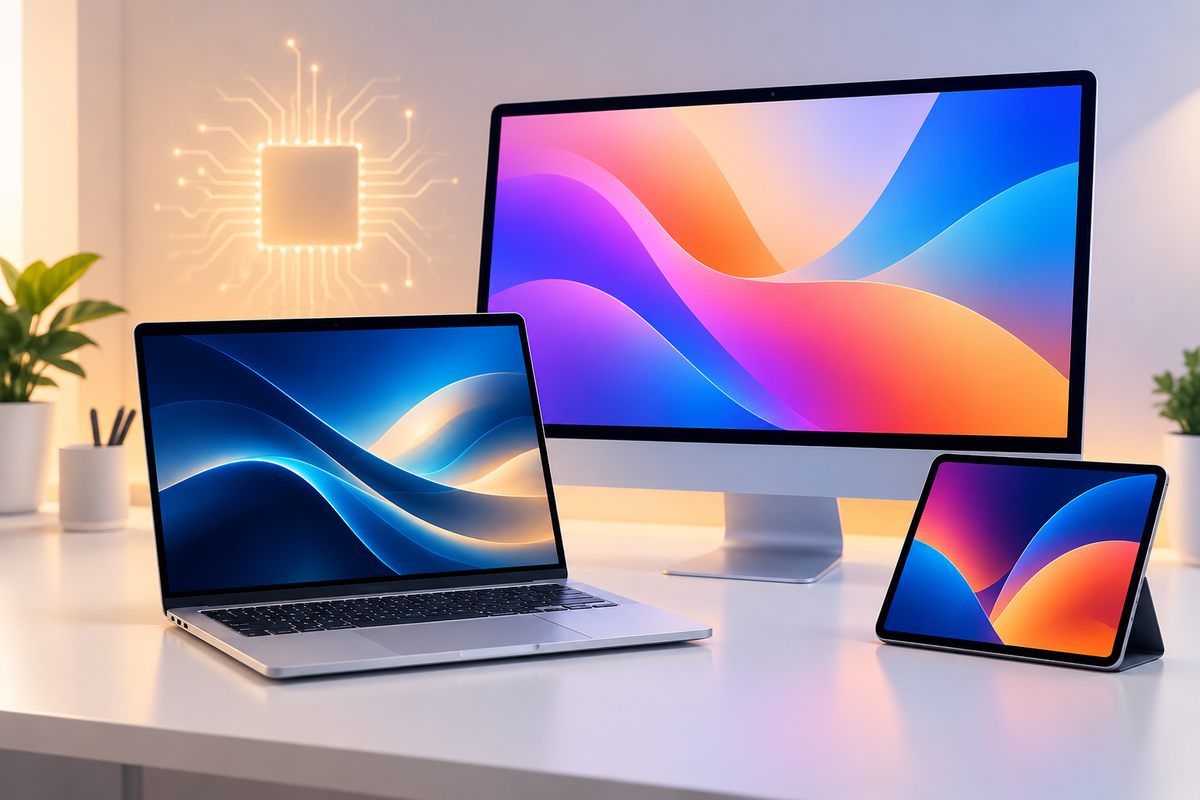 Apple M6 MacBook Pro and iMac: Prices, Dates, and Specs Illustration of a laptop, an all-in-one desktop and a small tablet on a desk, representing Apple’s new M6 MacBook Pro, iMac and iPad mini