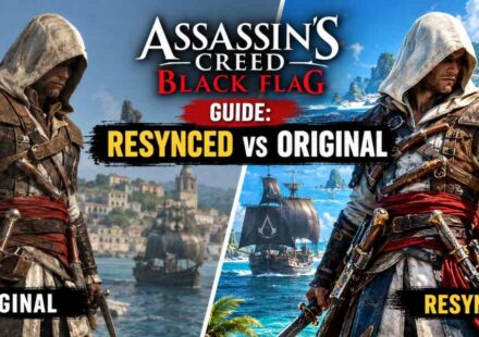 Assassin’s Creed Black Flag Resynced vs Original comparison showing Edward Kenway in both versions with a pirate ship and Caribbean town