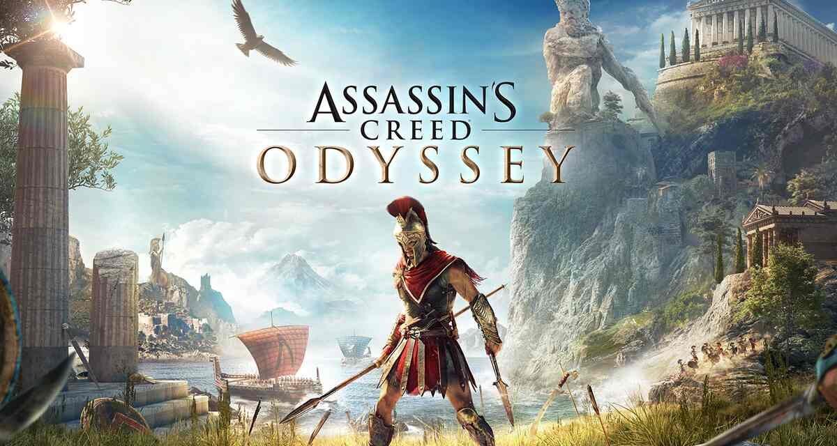 Assassin’s Creed Odyssey key art showing Alexios with a spear in front of a Greek coastline, Poseidon statue and temple