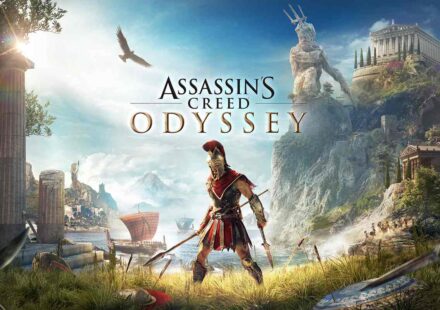 Assassin’s Creed Odyssey key art showing Alexios with a spear in front of a Greek coastline, Poseidon statue and temple