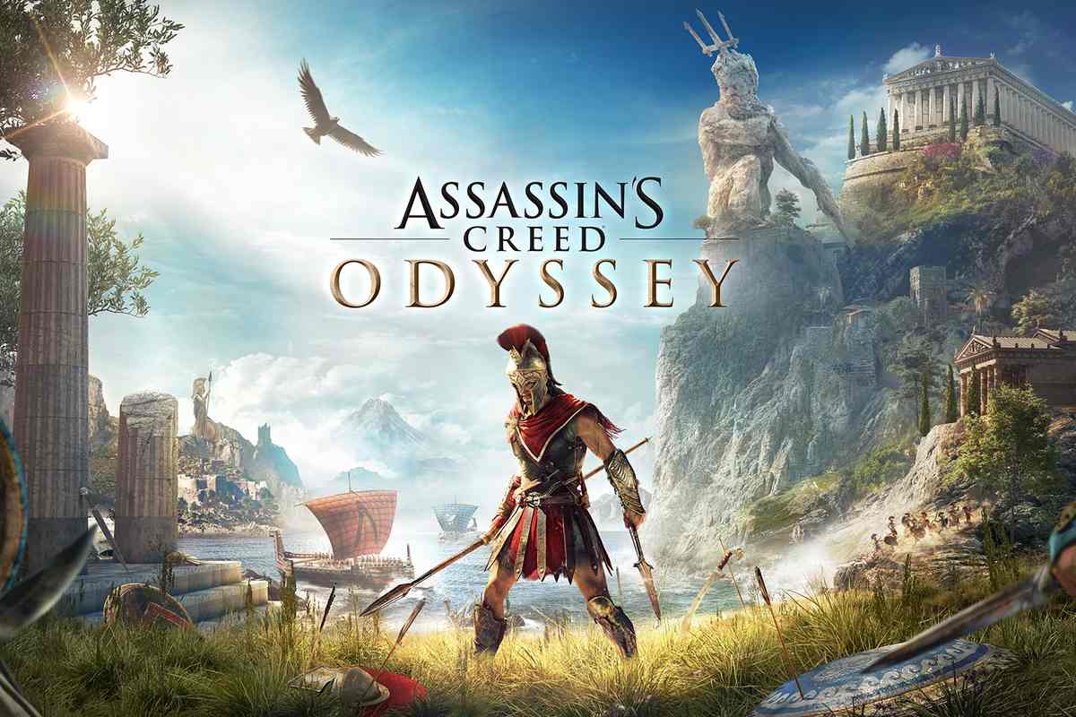 Assassin’s Creed Odyssey key art showing Alexios with a spear in front of a Greek coastline, Poseidon statue and temple