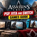 Assassin’s Creed PSP, Vita and Switch games guide: two Assassins with PSP, PS Vita and Nintendo Switch consoles showing Assassin’s Creed games