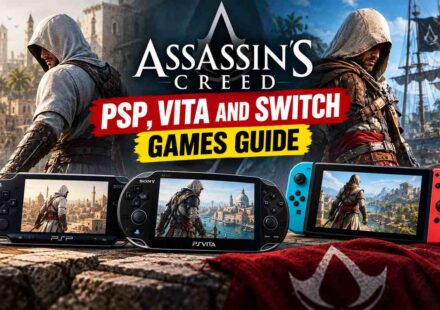 Assassin’s Creed PSP, Vita and Switch games guide: two Assassins with PSP, PS Vita and Nintendo Switch consoles showing Assassin’s Creed games