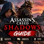 Assassin’s Creed Shadows guide featured image showing Naoe and Yasuke with swords in front of a Japanese castle at sunset