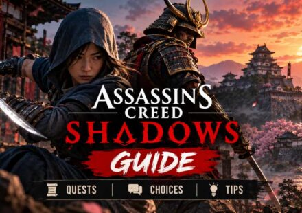 Assassin’s Creed Shadows guide featured image showing Naoe and Yasuke with swords in front of a Japanese castle at sunset