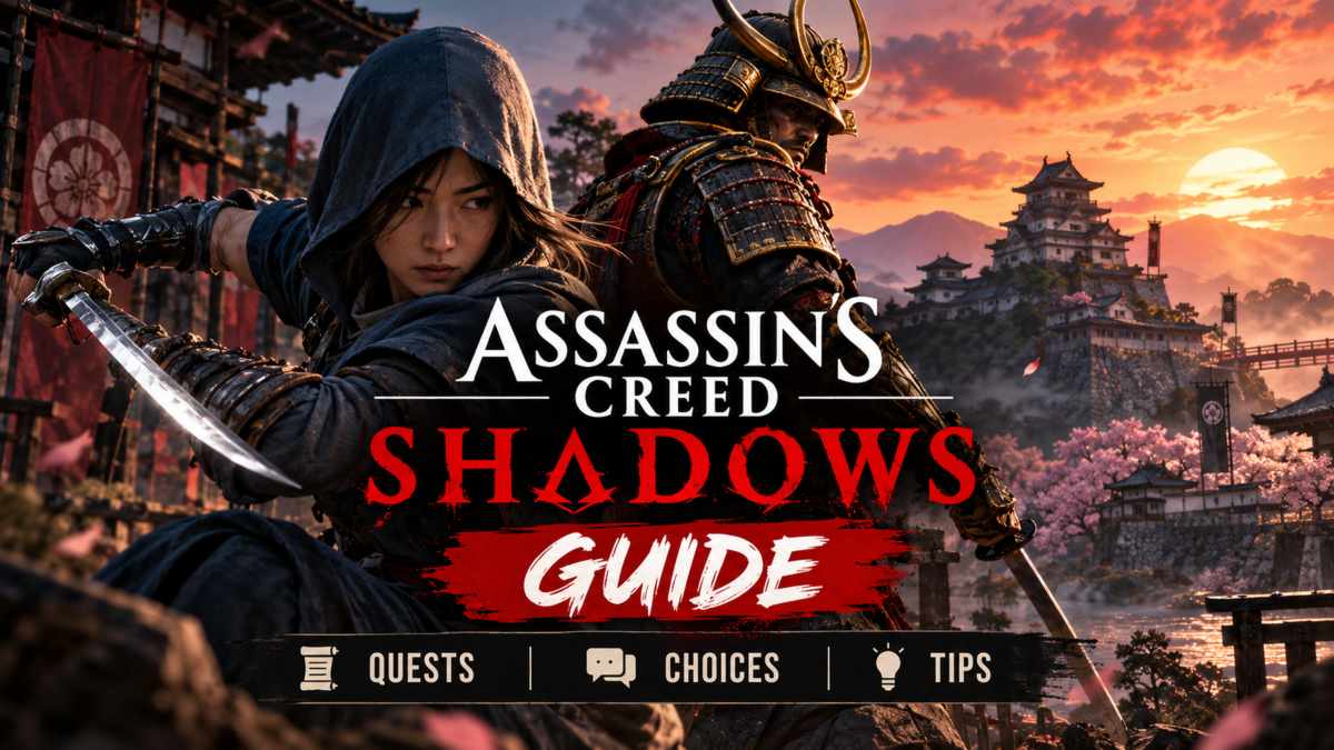 Assassin’s Creed Shadows guide featured image showing Naoe and Yasuke with swords in front of a Japanese castle at sunset