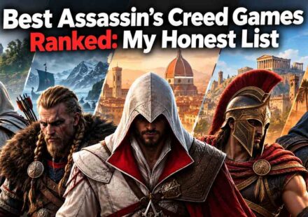 Best Assassin’s Creed games ranked, featuring Ezio, Eivor and a Spartan warrior in front of Florence, Athens and Viking landscapes