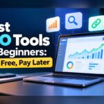 Best SEO tools for beginners graphic showing a laptop with an analytics dashboard surrounded by icons for keywords, backlinks, rank tracking, content and settings