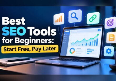 Best SEO tools for beginners graphic showing a laptop with an analytics dashboard surrounded by icons for keywords, backlinks, rank tracking, content and settings
